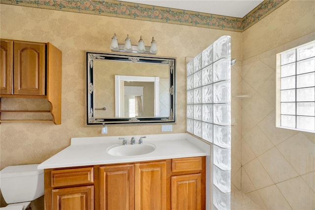 bathroom with vanity, toilet, and walk in shower