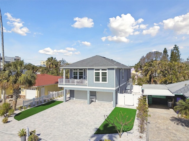 view of front facade featuring a garage, a carport, and a balcony