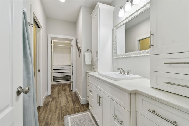 bathroom with wood-type flooring and vanity