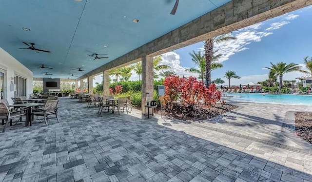 view of patio featuring a community pool and ceiling fan