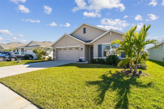 ranch-style home featuring driveway, a front lawn, an attached garage, and stucco siding