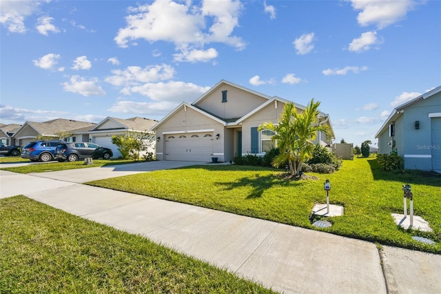 ranch-style house featuring a garage, driveway, a front yard, and a residential view