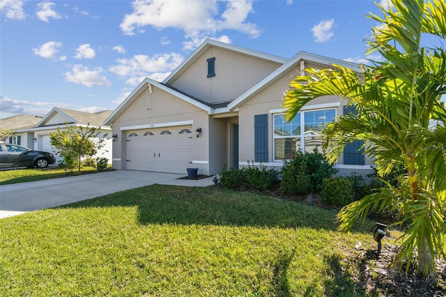 view of front of home featuring an attached garage, concrete driveway, a front yard, and stucco siding