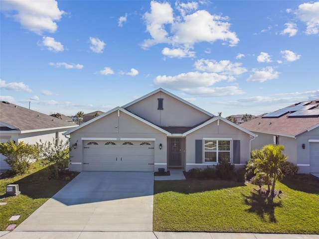 ranch-style house with an attached garage, driveway, a front lawn, and stucco siding