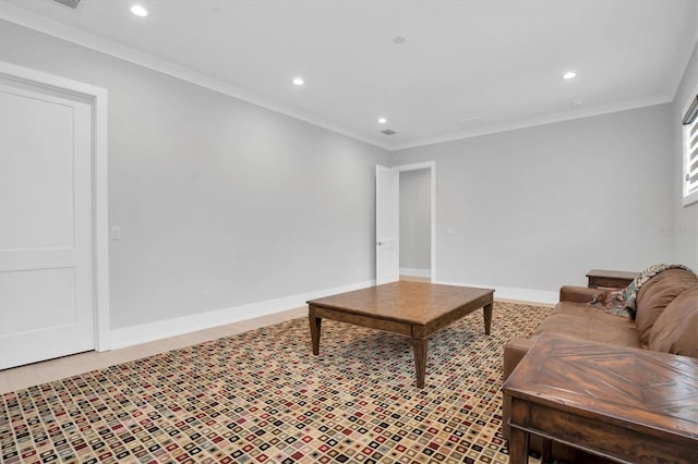 living room with crown molding