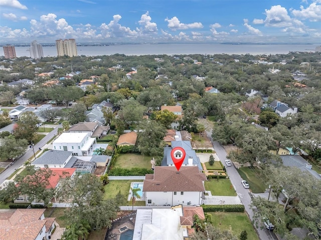 drone / aerial view featuring a water view