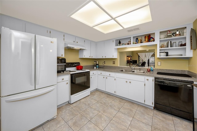 kitchen with sink, white cabinetry, dishwasher, electric range, and white refrigerator