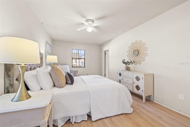 bedroom featuring ceiling fan and light wood-type flooring