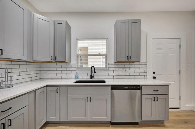 kitchen featuring sink, stainless steel dishwasher, and gray cabinetry