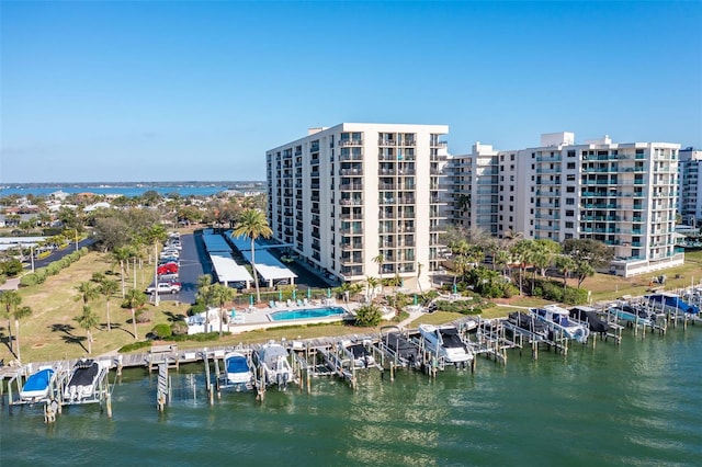 aerial view featuring a water view