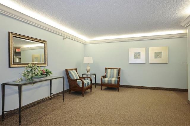 living area with a textured ceiling, carpet, and baseboards