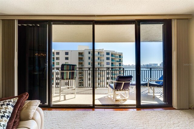 doorway with expansive windows, a textured ceiling, and a view of city