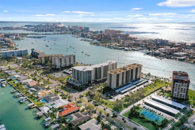 aerial view featuring a view of city and a water view