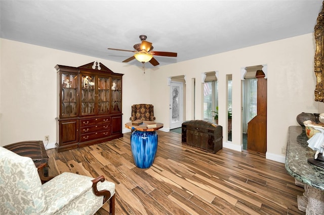 living area with hardwood / wood-style flooring and ceiling fan