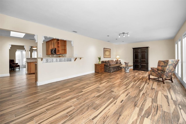 living room with wood-type flooring and decorative columns