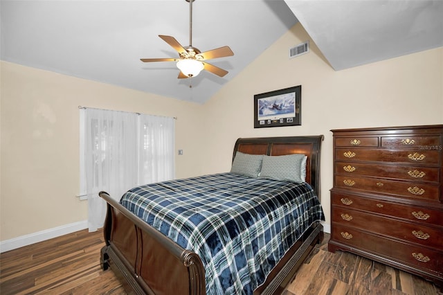 bedroom with lofted ceiling, dark wood-type flooring, and ceiling fan