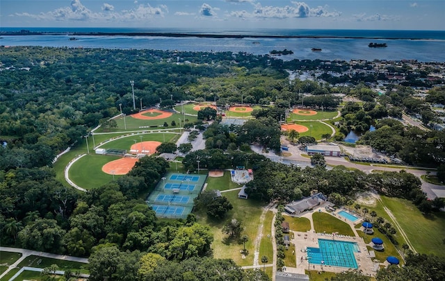 birds eye view of property featuring a water view