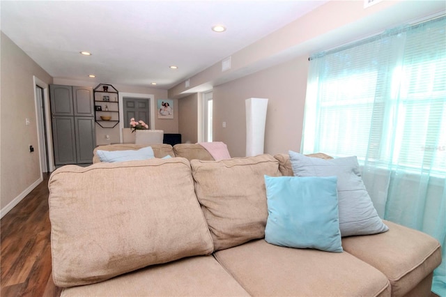 living room with dark hardwood / wood-style floors