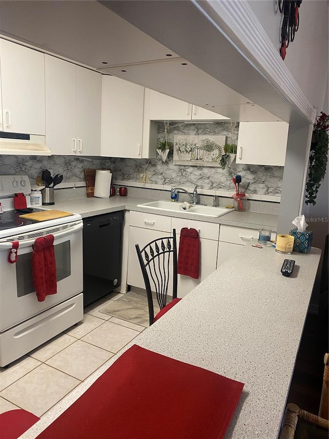 kitchen with sink, dishwasher, white range with electric cooktop, white cabinetry, and decorative backsplash