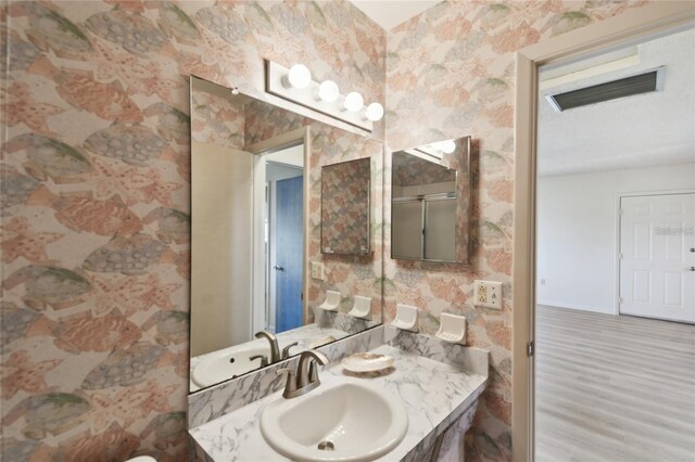 bathroom with hardwood / wood-style flooring and vanity