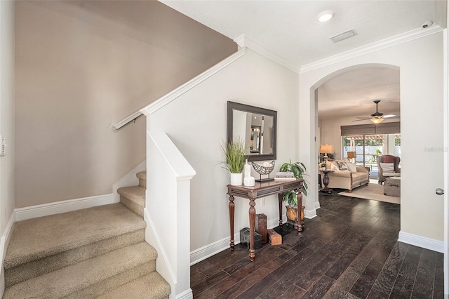 stairs with ornamental molding, ceiling fan, and hardwood / wood-style floors