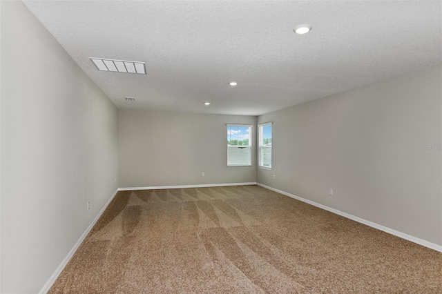 empty room featuring a textured ceiling and carpet flooring