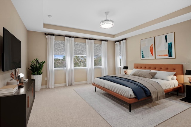 bedroom featuring a raised ceiling and light carpet