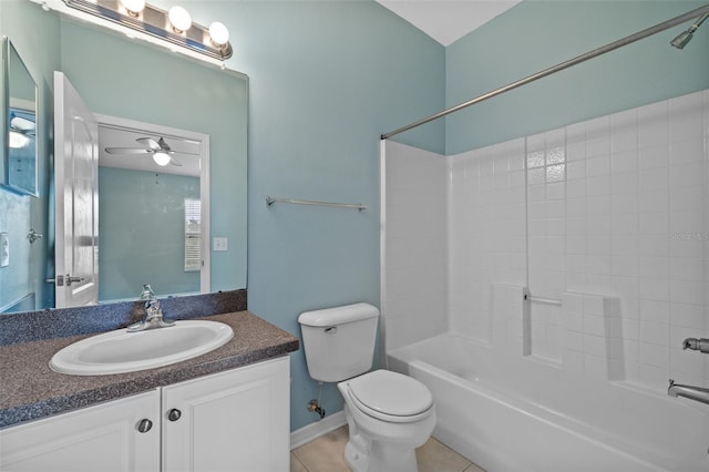 full bathroom with tile patterned floors, toilet, vanity, ceiling fan, and shower / bath combination