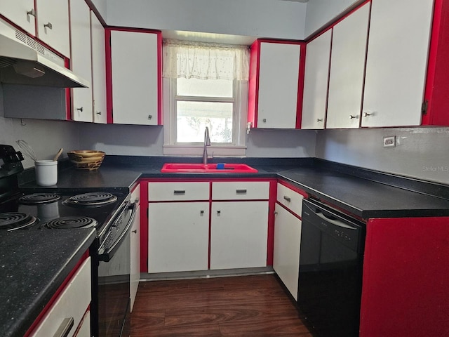 kitchen with white cabinetry, sink, dark hardwood / wood-style flooring, and black appliances