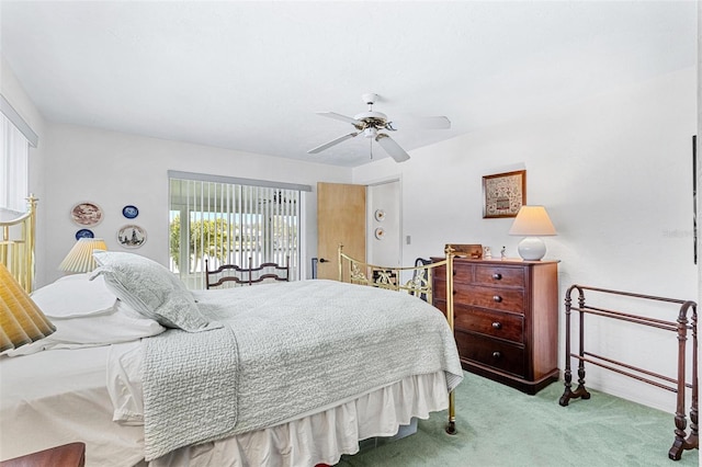 bedroom featuring light carpet and ceiling fan