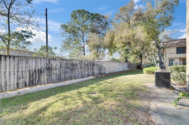 view of yard featuring central AC and a fenced backyard