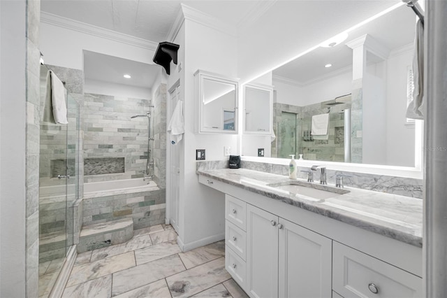 bathroom featuring vanity, ornamental molding, and plus walk in shower