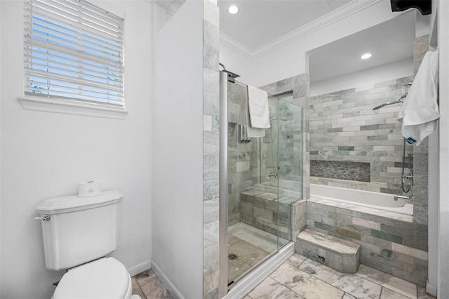 bathroom with separate shower and tub, toilet, and ornamental molding