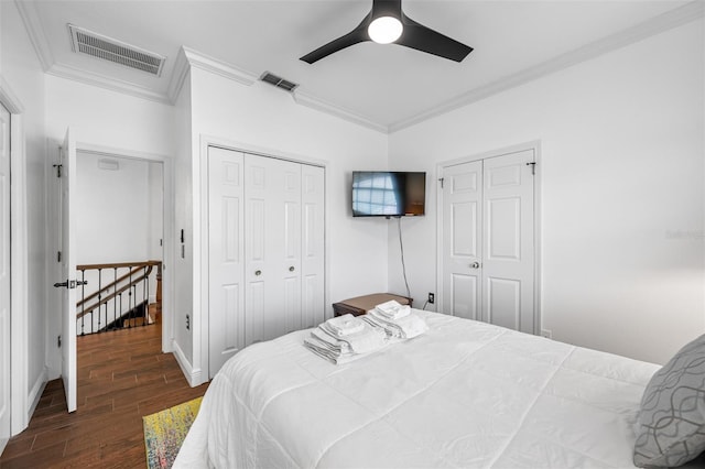 bedroom featuring ceiling fan, crown molding, and multiple closets