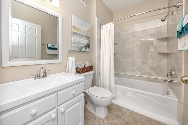 full bathroom with tile patterned flooring, vanity, shower / tub combo with curtain, and toilet