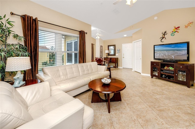 tiled living room featuring lofted ceiling and ceiling fan