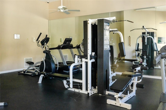 workout area featuring ceiling fan