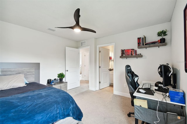 carpeted bedroom with ceiling fan