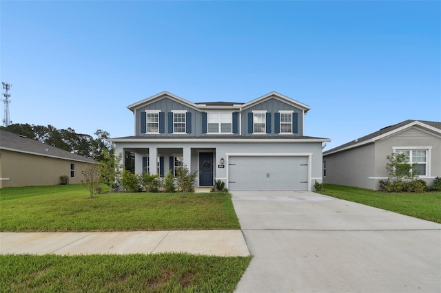 view of front of house with an attached garage, board and batten siding, concrete driveway, and a front yard