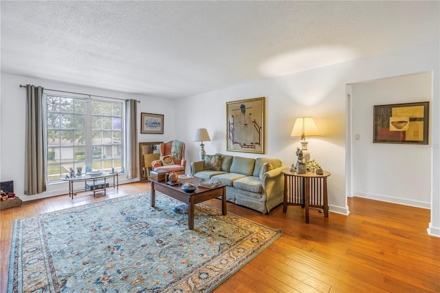 living room featuring hardwood / wood-style flooring and a textured ceiling