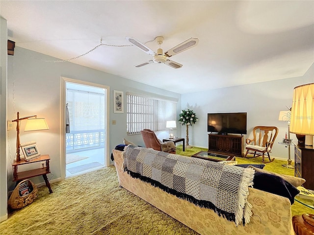 bedroom featuring carpet flooring, access to outside, and ceiling fan