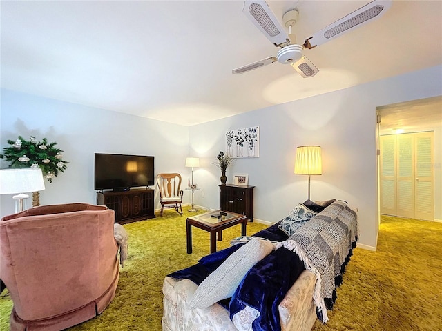 living room with light carpet and ceiling fan