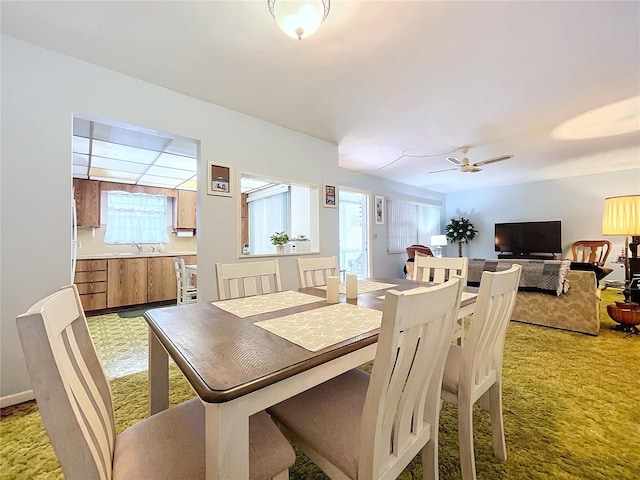 dining room featuring sink, ceiling fan, and carpet flooring