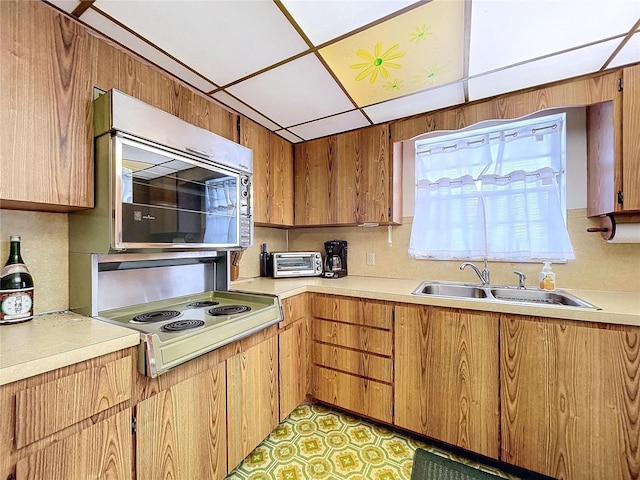 kitchen with a paneled ceiling, cooktop, sink, and decorative backsplash