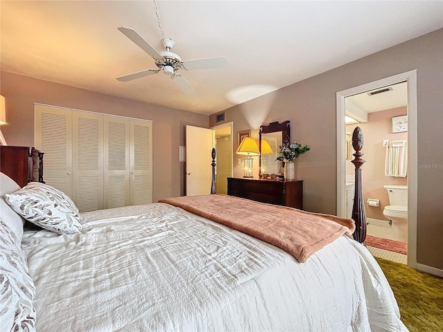 carpeted bedroom featuring connected bathroom, a closet, and ceiling fan