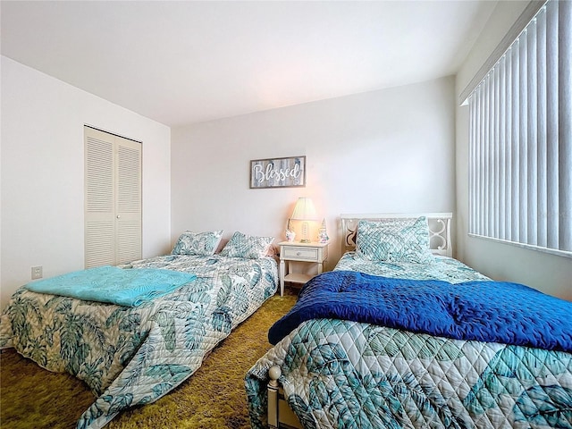 carpeted bedroom featuring multiple windows and a closet