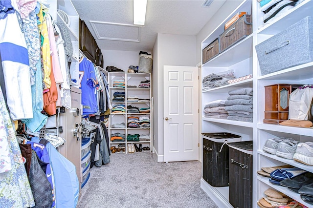 spacious closet featuring light carpet