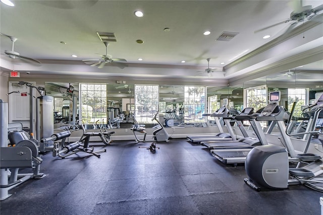 workout area with crown molding and ceiling fan