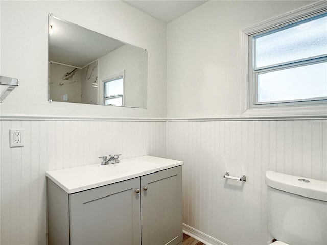 bathroom featuring vanity, toilet, and a healthy amount of sunlight