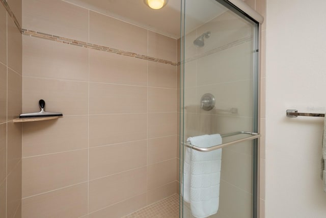 bathroom with a shower with shower door